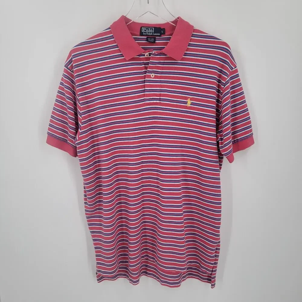 Polo Ralph Lauren Shirt Mens Large Stripe Pink White Blue Yellow Pony Cotton